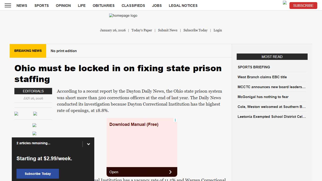 Ohio must be locked in on fixing state prison staffing News, Sports, Jobs - Morning Journal